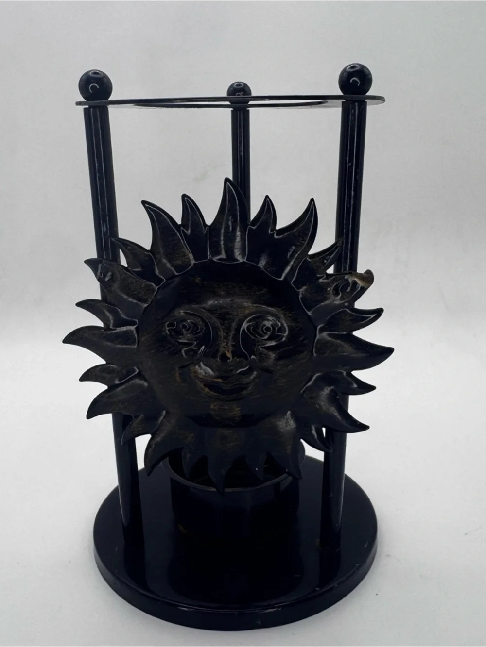 Sun Face Tealight Candle Holder Blue/Black Metal 5” Boho Decor - Picture 3 of 6